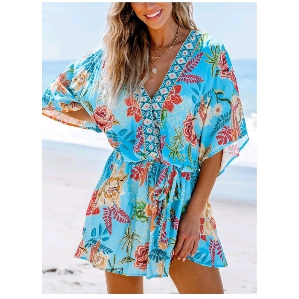 CUPSHE Womens M‎ Short Dress Floral Half Dolman Sleeve Belted Loose Beach Summer